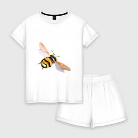 Женская пижама с шортиками хлопок с принтом Шмель полосатый , 100% хлопок | футболка прямого кроя, шорты свободные с широкой мягкой резинкой | акварель | желтый | крылья | летать | насекомое | полоски | природа | черный | шмель