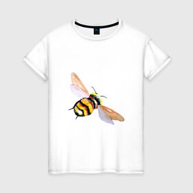 Женская футболка хлопок с принтом Шмель полосатый , 100% хлопок | прямой крой, круглый вырез горловины, длина до линии бедер, слегка спущенное плечо | акварель | желтый | крылья | летать | насекомое | полоски | природа | черный | шмель