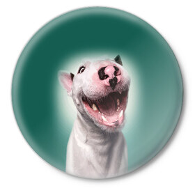 Значок с принтом Bully ,  металл | круглая форма, металлическая застежка в виде булавки | bull terrier | ears | eyes | fangs | jaw | muzzle | nose | smile | бультерьер | глаза | клыки | нос | пасть | улыбка | уши
