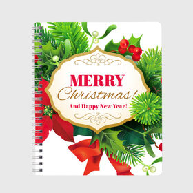 Тетрадь с принтом Merry Christmas , 100% бумага | 48 листов, плотность листов — 60 г/м2, плотность картонной обложки — 250 г/м2. Листы скреплены сбоку удобной пружинной спиралью. Уголки страниц и обложки скругленные. Цвет линий — светло-серый
 | 