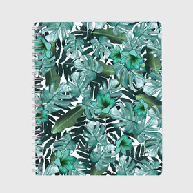 Тетрадь с принтом Зеленые тропические цветы , 100% бумага | 48 листов, плотность листов — 60 г/м2, плотность картонной обложки — 250 г/м2. Листы скреплены сбоку удобной пружинной спиралью. Уголки страниц и обложки скругленные. Цвет линий — светло-серый
 | 