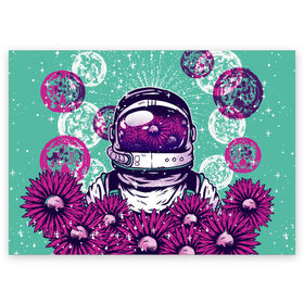 Поздравительная открытка с принтом Цветочный Астронавт , 100% бумага | плотность бумаги 280 г/м2, матовая, на обратной стороне линовка и место для марки
 | Тематика изображения на принте: astronaut | cosmonaut | daisy | floral | flowers | galaxy | helmet | peace | planet | planets | retro | space | spacesuit | suit | винтаж | галактика | космонавт | космос | мир | планета | планеты | ретро | ромашки | скафандр | цветок | цвет