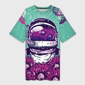 Платье-футболка 3D с принтом Цветочный Астронавт ,  |  | astronaut | cosmonaut | daisy | floral | flowers | galaxy | helmet | peace | planet | planets | retro | space | spacesuit | suit | винтаж | галактика | космонавт | космос | мир | планета | планеты | ретро | ромашки | скафандр | цветок | цвет
