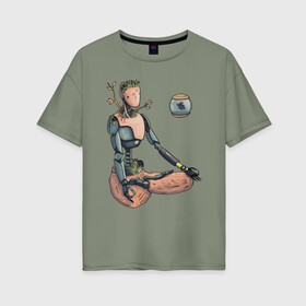 Женская футболка хлопок Oversize с принтом Robot Saa , 100% хлопок | свободный крой, круглый ворот, спущенный рукав, длина до линии бедер
 | альтернативное будущее | арт | иллюстрация | киберпанк | медитация | постапокалипсис | робот