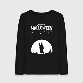 Женский лонгслив хлопок с принтом Happy Halloween , 100% хлопок |  | 31 октября | halloween | halowen | ведьма | день всех святых | джек | костюм | кровь | лого | монстр | надпись | праздник | приведение | призрак | светильник | символ | страшная | тыква | ужасы | хеллоуин | хеллуин