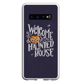 Чехол для Samsung Galaxy S10 с принтом Halloween. Haunted house. , Силикон | Область печати: задняя сторона чехла, без боковых панелей | Тематика изображения на принте: 31 октября | halloween | purple | scary | to the haunted house | welcome | буквы | день всех святых | дом с привидениями | каллиграфия | леттеринг | надпись | октябрь | осень | праздник | привидение | призрак | тыква | ужас