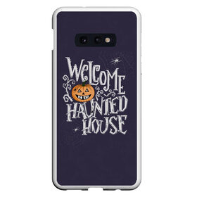 Чехол для Samsung S10E с принтом Halloween. Haunted house. , Силикон | Область печати: задняя сторона чехла, без боковых панелей | 31 октября | halloween | purple | scary | to the haunted house | welcome | буквы | день всех святых | дом с привидениями | каллиграфия | леттеринг | надпись | октябрь | осень | праздник | привидение | призрак | тыква | ужас