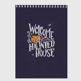 Скетчбук с принтом Halloween. Haunted house. , 100% бумага
 | 48 листов, плотность листов — 100 г/м2, плотность картонной обложки — 250 г/м2. Листы скреплены сверху удобной пружинной спиралью | 31 октября | halloween | purple | scary | to the haunted house | welcome | буквы | день всех святых | дом с привидениями | каллиграфия | леттеринг | надпись | октябрь | осень | праздник | привидение | призрак | тыква | ужас