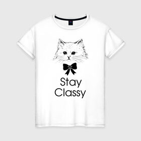 Женская футболка хлопок с принтом Классика , 100% хлопок | прямой крой, круглый вырез горловины, длина до линии бедер, слегка спущенное плечо | бантик | белый | классика | кот | кошка | красота | милый | цитата | чёрный