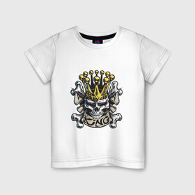 Детская футболка хлопок с принтом Король , 100% хлопок | круглый вырез горловины, полуприлегающий силуэт, длина до линии бедер | арт | белый | вектор | жёлтый | золотой | зубы | король | корона | кости | пират | рисунок | череп | чёрный