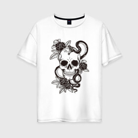 Женская футболка хлопок Oversize с принтом Змеиная роза , 100% хлопок | свободный крой, круглый ворот, спущенный рукав, длина до линии бедер
 | арт | белый | вектор | змеи | змея | зубы | рисунок | роза | розы | тату | цветок | цветы | череп | чёрный