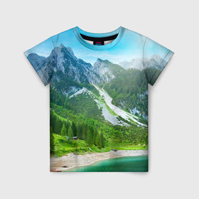 Детская футболка 3D с принтом Альпийские горы , 100% гипоаллергенный полиэфир | прямой крой, круглый вырез горловины, длина до линии бедер, чуть спущенное плечо, ткань немного тянется | Тематика изображения на принте: альпийские горы | альпы | гора | горы | озеро