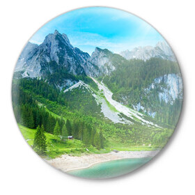 Значок с принтом Альпийские горы ,  металл | круглая форма, металлическая застежка в виде булавки | Тематика изображения на принте: альпийские горы | альпы | гора | горы | озеро
