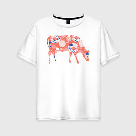 Женская футболка хлопок Oversize с принтом корова с цветами , 100% хлопок | свободный крой, круглый ворот, спущенный рукав, длина до линии бедер
 | 2021 | бык | год быка | год коровы | корова | новый год | символ года