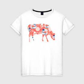 Женская футболка хлопок с принтом корова с цветами , 100% хлопок | прямой крой, круглый вырез горловины, длина до линии бедер, слегка спущенное плечо | 2021 | бык | год быка | год коровы | корова | новый год | символ года