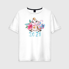 Женская футболка хлопок Oversize с принтом год быка 2021 , 100% хлопок | свободный крой, круглый ворот, спущенный рукав, длина до линии бедер
 | 2021 | бык | год быка | год коровы | новый год | символ года