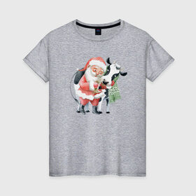 Женская футболка хлопок с принтом дед мороз с коровкой , 100% хлопок | прямой крой, круглый вырез горловины, длина до линии бедер, слегка спущенное плечо | 2021 | бык | год быка | год коровы | новый год | символ года