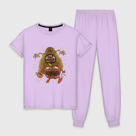 Женская пижама хлопок с принтом Авокадо Монстр , 100% хлопок | брюки и футболка прямого кроя, без карманов, на брюках мягкая резинка на поясе и по низу штанин | Тематика изображения на принте: apple | art | avocado | halloween | horror | illustration | monster | monstr | pumpkin | tick or threat | zombie | арт | бежит | ведро | гонится | зомби | зубы | иллюстрация | косточка | пасть | сладости | тыква | ужас | хеллоуин | хэллоуин | ч