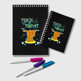 Блокнот с принтом Trick or treat , 100% бумага | 48 листов, плотность листов — 60 г/м2, плотность картонной обложки — 250 г/м2. Листы скреплены удобной пружинной спиралью. Цвет линий — светло-серый
 | Тематика изображения на принте: 31 октября | halloween | halowen | ведьма | день всех святых | джек | костюм | кровь | лого | монстр | надпись | праздник | приведение | призрак | светильник | символ | страшная | тыква | ужасы | хеллоуин | хеллуин