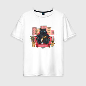 Женская футболка хлопок Oversize с принтом Кот на балконе , 100% хлопок | свободный крой, круглый ворот, спущенный рукав, длина до линии бедер
 | balcony | black | burger | cat | chillin | chilling | chonk | chubby | fat | kitten | kitty | pussy | pussycat | бегемот | бургер | киса | киска | коктейль | король | котенок | котяра | кошка | наглый | отдыхает | толстый | царь | черный | чи