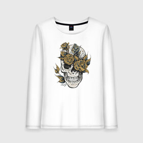 Женский лонгслив хлопок с принтом Череп и Цветы , 100% хлопок |  | art | bones | fashion | flowers | jolly roger | rose | roses | skeleton | skull | skulls | smile | smiling | арт | ваза | иллюстрация | кости | лепестки | листья | мода | рисунок | роза | розы | скелет | стиль | тренд | улыбающийся | улыбка | ч