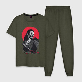 Мужская пижама хлопок с принтом Японский Воин Самурай , 100% хлопок | брюки и футболка прямого кроя, без карманов, на брюках мягкая резинка на поясе и по низу штанин
 | Тематика изображения на принте: art | blade | blood | illustration | japan | japanese | katana | mask | moon | ronin | samurai | sekiro | shogun | sword | tsushima | warrior | арт | в маске | иллюстрация | катана | кровавая | луна | мерч | меч | отступник | ронин | сегун |