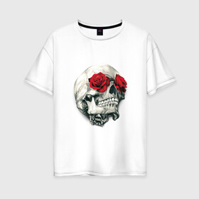 Женская футболка хлопок Oversize с принтом Череп с розами , 100% хлопок | свободный крой, круглый ворот, спущенный рукав, длина до линии бедер
 | арт | белый | вектор | зубы | карандаш | красная роза | красные розы | рисунок | рисунок карандаш | роза | розы | череп | чёрный