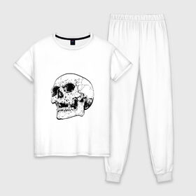 Женская пижама хлопок с принтом Череп , 100% хлопок | брюки и футболка прямого кроя, без карманов, на брюках мягкая резинка на поясе и по низу штанин | арт | белый | вектор | карандаш | рисунок | рисунок карандашом | скелет | череп | чёрный