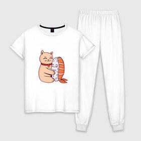 Женская пижама хлопок с принтом Котик обнимается с суши , 100% хлопок | брюки и футболка прямого кроя, без карманов, на брюках мягкая резинка на поясе и по низу штанин | Тематика изображения на принте: cat | cats | cute | hug | hugs | kawaii | kitten | kitty | neko | nigiri | pussy | pussycat | sushi | арт | кавайи | кавайный | киса | киска | кот | котенок | котики | котята | кошка | кошки | милота | милые | милый | неко | нигири | обнимашк