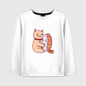Детский лонгслив хлопок с принтом Котик обнимается с суши , 100% хлопок | круглый вырез горловины, полуприлегающий силуэт, длина до линии бедер | cat | cats | cute | hug | hugs | kawaii | kitten | kitty | neko | nigiri | pussy | pussycat | sushi | арт | кавайи | кавайный | киса | киска | кот | котенок | котики | котята | кошка | кошки | милота | милые | милый | неко | нигири | обнимашк
