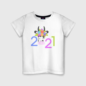 Детская футболка хлопок с принтом 2021 , 100% хлопок | круглый вырез горловины, полуприлегающий силуэт, длина до линии бедер | 2021 | бык | год быка | год коровы | новый год | символ года