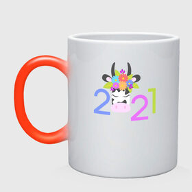 Кружка хамелеон с принтом 2021 , керамика | меняет цвет при нагревании, емкость 330 мл | 2021 | бык | год быка | год коровы | новый год | символ года