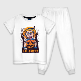 Детская пижама хлопок с принтом I hate halloween , 100% хлопок |  брюки и футболка прямого кроя, без карманов, на брюках мягкая резинка на поясе и по низу штанин
 | bat | bats | clerc | human | killer | pumpkin | vampire | zombie | вампир | вурдалак | зомби | интроверт | кладбище | клерк | летучие мыши | мерч | не наш праздник | ненавижу | ненависть | тыква | тыквенная голова | убил | хеллоуи