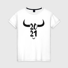 Женская футболка хлопок с принтом 2021 , 100% хлопок | прямой крой, круглый вырез горловины, длина до линии бедер, слегка спущенное плечо | 2021 | бык | год быка | год коровы | новый год | символ года