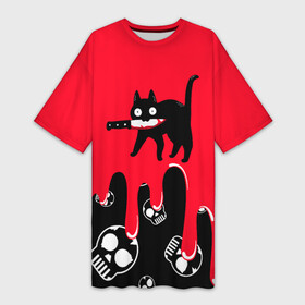 Платье-футболка 3D с принтом WHAT CAT ,  |  | art | black | black cat | cat | dark | dark cat | halloween | what | what cat | what mem | арт | кот | кот арт | кот мем | мем | нож | праздник | прикол | прикольный кот | убица | хэллоуин | чёрный | чёрный кот | что | что мем