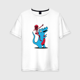 Женская футболка хлопок Oversize с принтом Скелет верхом на динозавре , 100% хлопок | свободный крой, круглый ворот, спущенный рукав, длина до линии бедер
 | art | blue | dab | dabbing | dino | dinosaur | halloween | red | skelet | skeleton | t rex | арт | даб | дэб | дэббинг | красный | на стиле | праздник | прикол | синий | стиль | танец | танцует | тираннозавр | тиранозавр | тирекс | тренд |