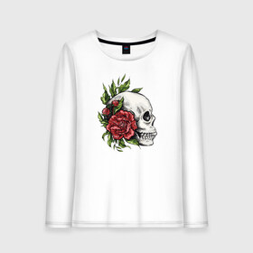 Женский лонгслив хлопок с принтом Череп и Роза , 100% хлопок |  | art | bones | fashion | flowers | jolly roger | rose | roses | skeleton | skull | skulls | smile | smiling | арт | ваза | иллюстрация | кости | лепестки | листья | мода | рисунок | роза | розы | скелет | стиль | тренд | улыбающийся | улыбка | ч