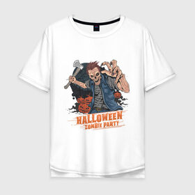 Мужская футболка хлопок Oversize с принтом Halloween Zombie Party , 100% хлопок | свободный крой, круглый ворот, “спинка” длиннее передней части | art | ax | cross | grave | halloween | man | moon | pumpkin | zombie | арт | зомби | крест | луна | могила | топор | тыква | хэллоуин | хэлуин | человек