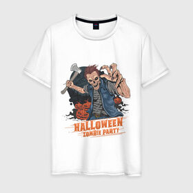 Мужская футболка хлопок с принтом Halloween Zombie Party , 100% хлопок | прямой крой, круглый вырез горловины, длина до линии бедер, слегка спущенное плечо. | art | ax | cross | grave | halloween | man | moon | pumpkin | zombie | арт | зомби | крест | луна | могила | топор | тыква | хэллоуин | хэлуин | человек