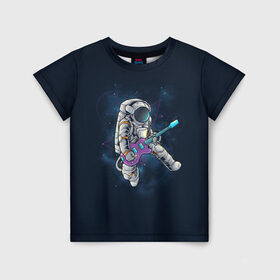Детская футболка 3D с принтом Космонавт с гитарой , 100% гипоаллергенный полиэфир | прямой крой, круглый вырез горловины, длина до линии бедер, чуть спущенное плечо, ткань немного тянется | арт | астронавт | гитара | гитарист | звезда | звёзды | космонавт | космос | ночь | рисунок | скафандр