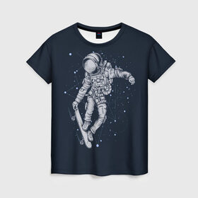Женская футболка 3D с принтом Космонавт на скейте , 100% полиэфир ( синтетическое хлопкоподобное полотно) | прямой крой, круглый вырез горловины, длина до линии бедер | арт | астронавт | звезда | звёзды | космический отдых | космонавт | космос | ночь | отдых | рисунок | скафандр | скейт | трюки на скейте