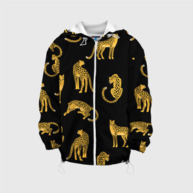 Детская куртка 3D с принтом Леопарды , 100% полиэстер | застежка — молния, подол и капюшон оформлены резинкой с фиксаторами, по бокам — два кармана без застежек, один потайной карман на груди, плотность верхнего слоя — 90 г/м2; плотность флисового подклада — 260 г/м2 | Тематика изображения на принте: leopard | дикие звери | животные | звери | коты | кошки | леопарды | хищники | черный