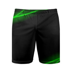 Мужские шорты спортивные с принтом Неоновые лучи ,  |  | зеленые линии | зеленые лучи | зеленый луч | линии | луч | неон | неоновые лучи