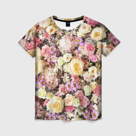 Женская футболка 3D с принтом Цветочки , 100% полиэфир ( синтетическое хлопкоподобное полотно) | прямой крой, круглый вырез горловины, длина до линии бедер | розы | хризантемы. | цветочки | цветочная компазиция | цветы