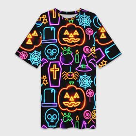Платье-футболка 3D с принтом Halloween ,  |  | 31 октября | halloween | halowen | ведьма | день всех святых | джек | костюм | кровь | лого | монстр | надпись | праздник | приведение | призрак | светильник | символ | страшная | тыква | ужасы | хеллоуин | хеллуин