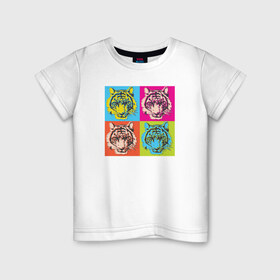 Детская футболка хлопок с принтом Тигр поп-арт , 100% хлопок | круглый вырез горловины, полуприлегающий силуэт, длина до линии бедер | 