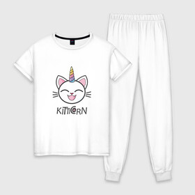 Женская пижама хлопок с принтом Kitticorn , 100% хлопок | брюки и футболка прямого кроя, без карманов, на брюках мягкая резинка на поясе и по низу штанин | cat | kitticorn | анимация | единорог | кит | котёнок | кошка | мода | радуга | тренд