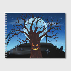 Альбом для рисования с принтом Жуткое дерево на кладбище , 100% бумага
 | матовая бумага, плотность 200 мг. | 2020 | evil | halloween | tree | ветви | дерево | дуб | зло | кладбище | луна | монстр | ночь | полночь | страшный | ужасающий | хэллоуин | хэлоуин