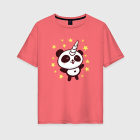 Женская футболка хлопок Oversize с принтом Пандочка единорог , 100% хлопок | свободный крой, круглый ворот, спущенный рукав, длина до линии бедер
 | милая панда | милая пандочка | панда | панда единорог | панда единорожка | панда с рогом | пандочка | пандочка единорог | пандочка единорожка | пандочка с рогом