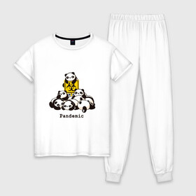 Женская пижама хлопок с принтом ПАНДАМИЯ , 100% хлопок | брюки и футболка прямого кроя, без карманов, на брюках мягкая резинка на поясе и по низу штанин | covid | panda | антиковид | вирус | ковид | кунг фу панда | пандемия | панды | по | туалетная бумага